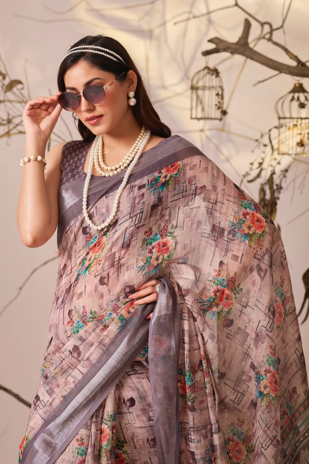 Grey Blossom Linen Cotton Designer Saree