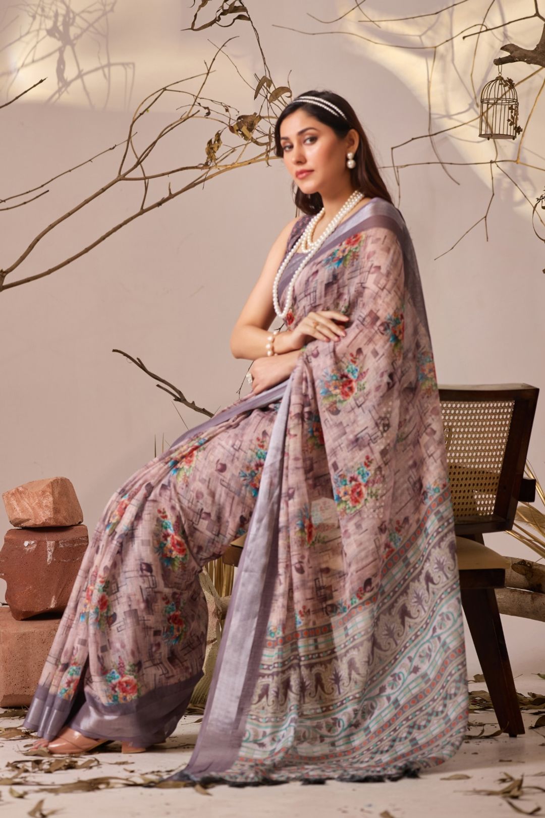 Grey Blossom Linen Cotton Designer Saree