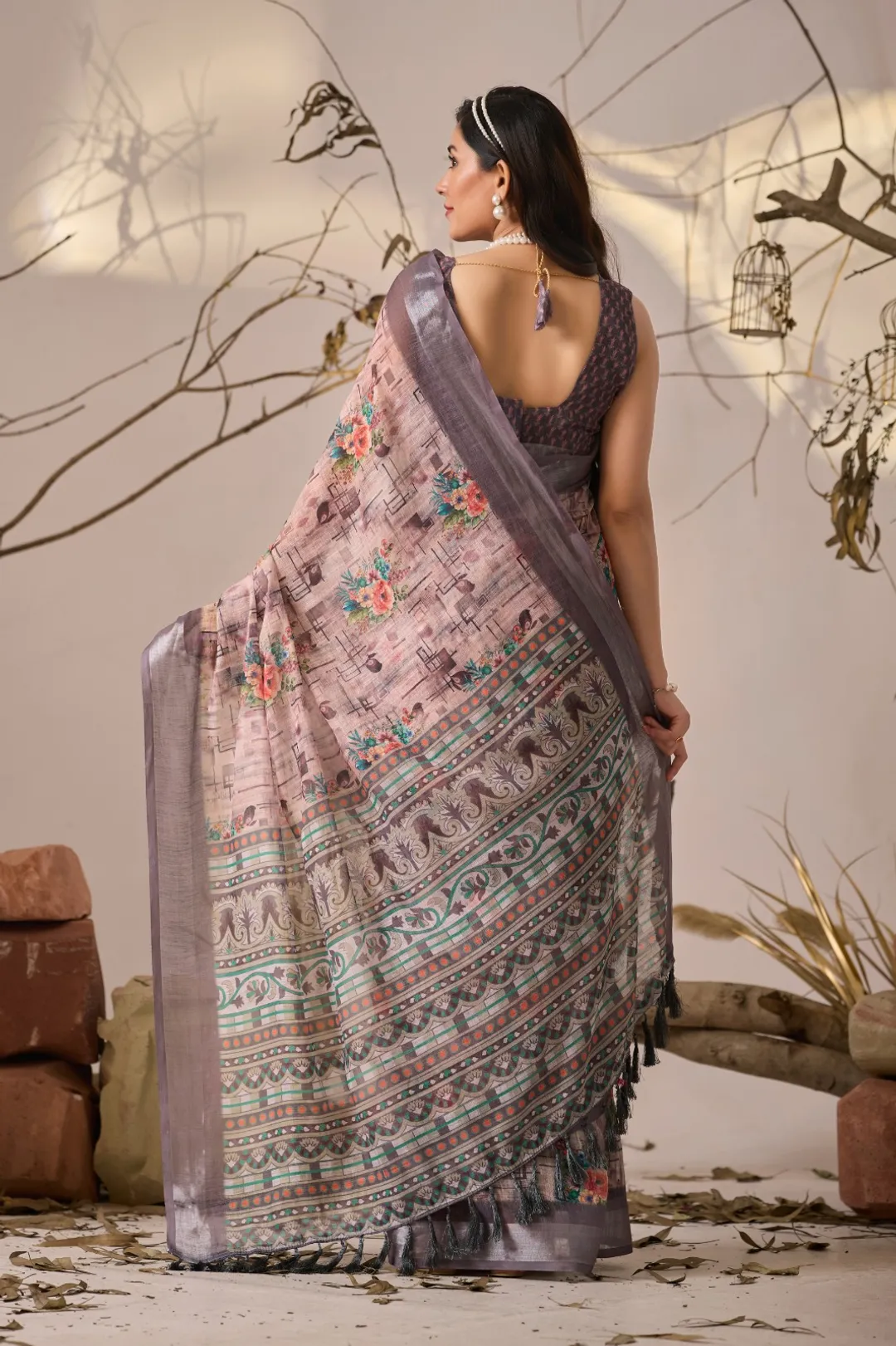 Grey Blossom Linen Cotton Designer Saree