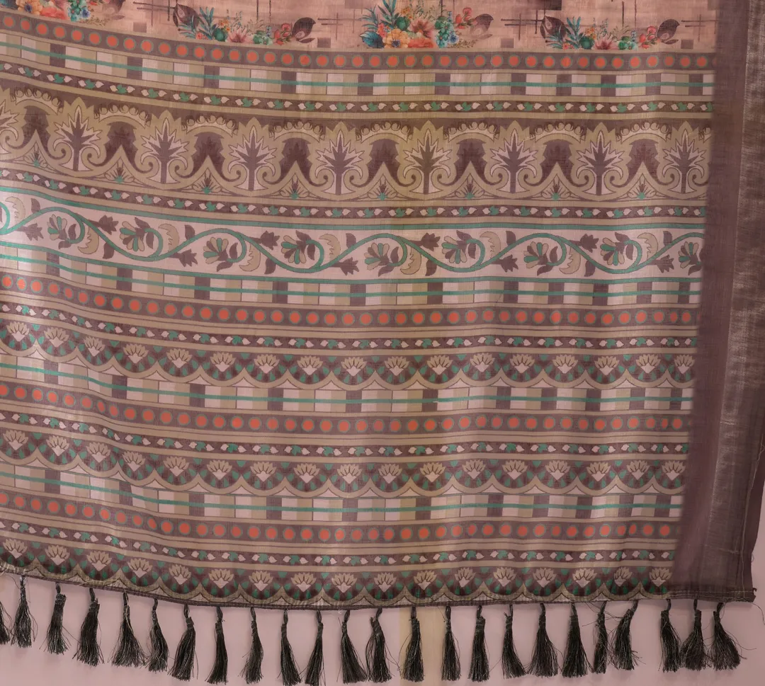Grey Blossom Linen Cotton Designer Saree