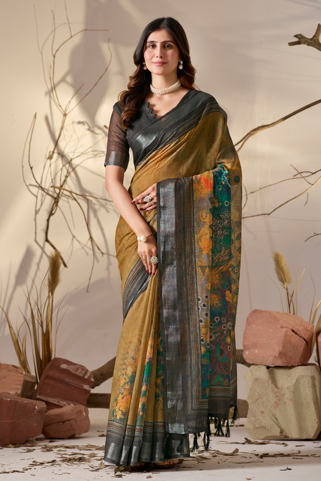Mustard linen saree