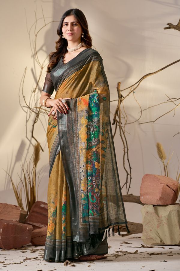 Elegant Mustard Linen Cotton Saree Set