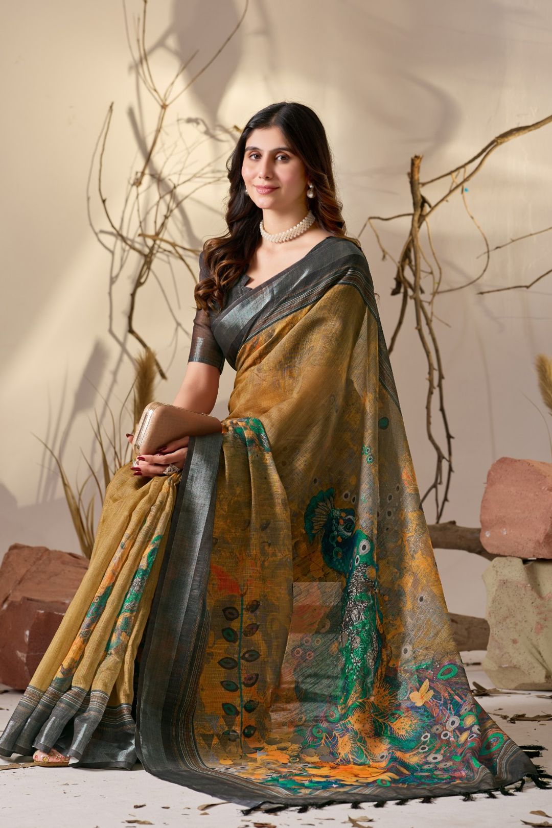 Elegant Mustard Linen Cotton Saree Set