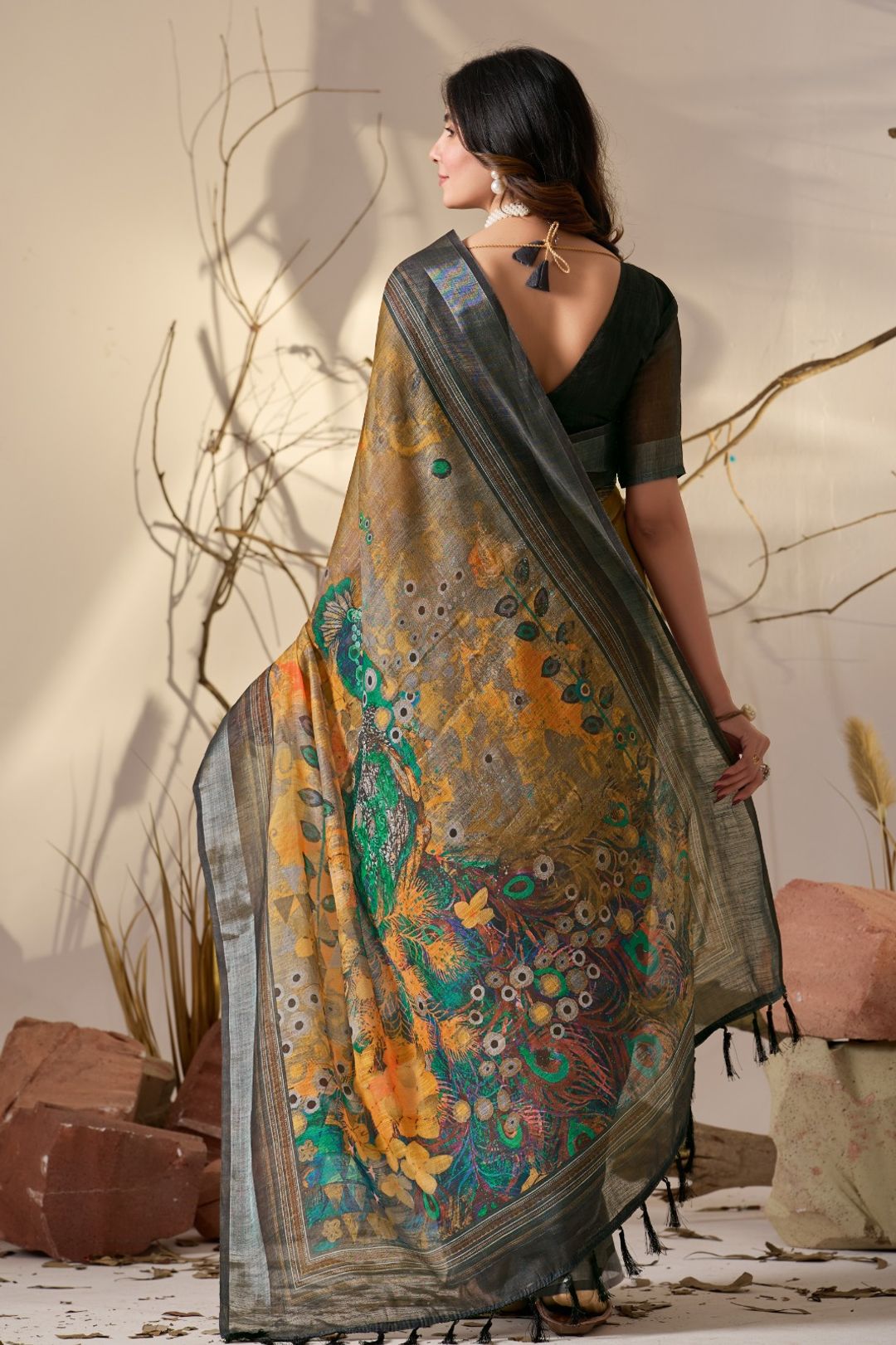 Elegant Mustard Linen Cotton Saree Set