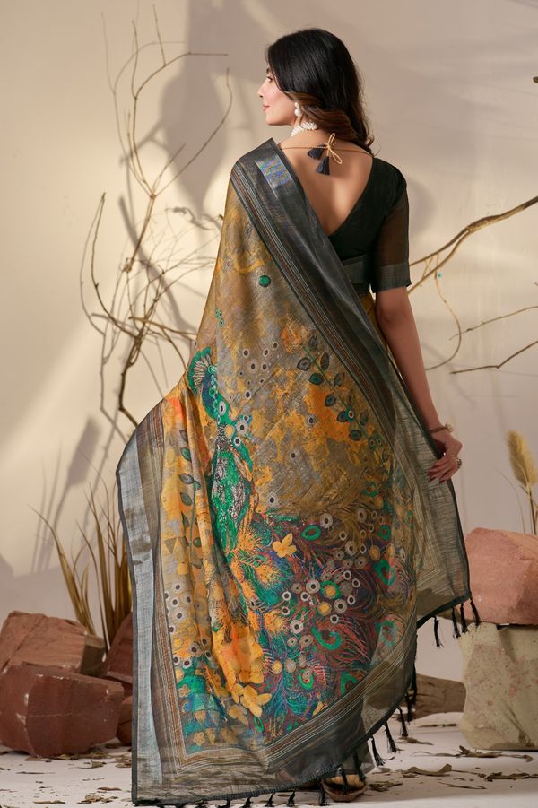 Elegant Mustard Linen Cotton Saree Set