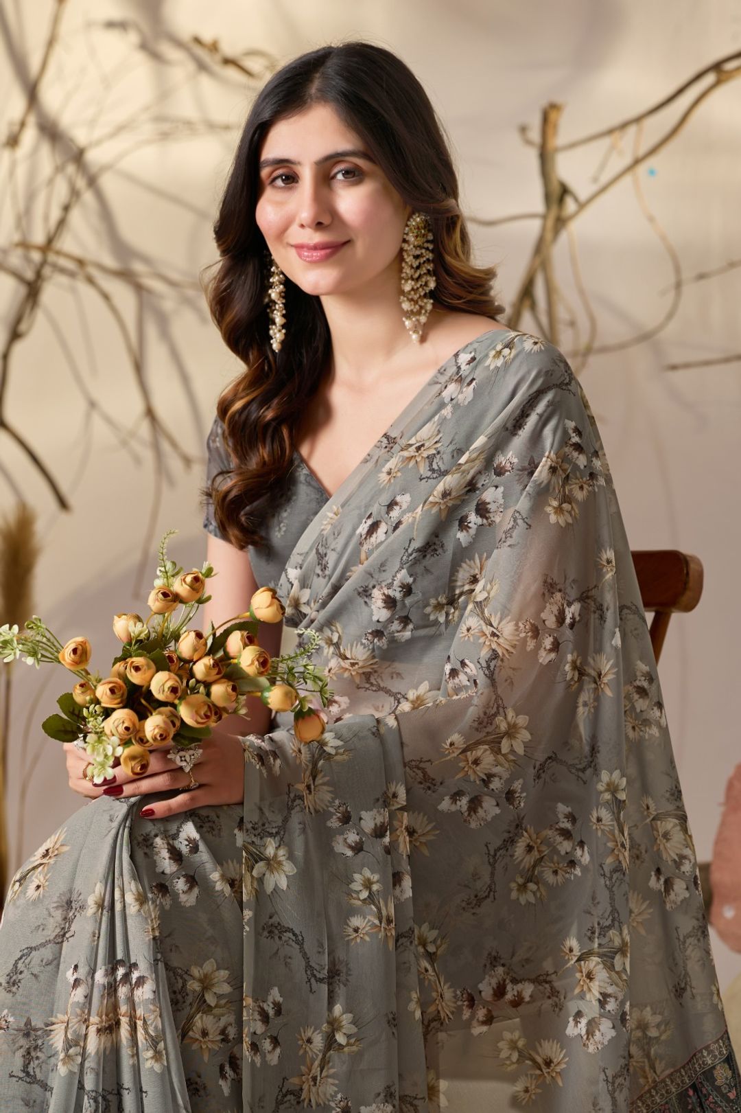 Elegant Grey Floral Party Wear Saree