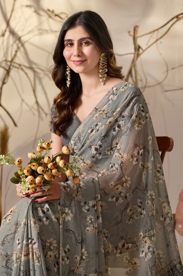 Elegant Grey Floral Party Wear Saree