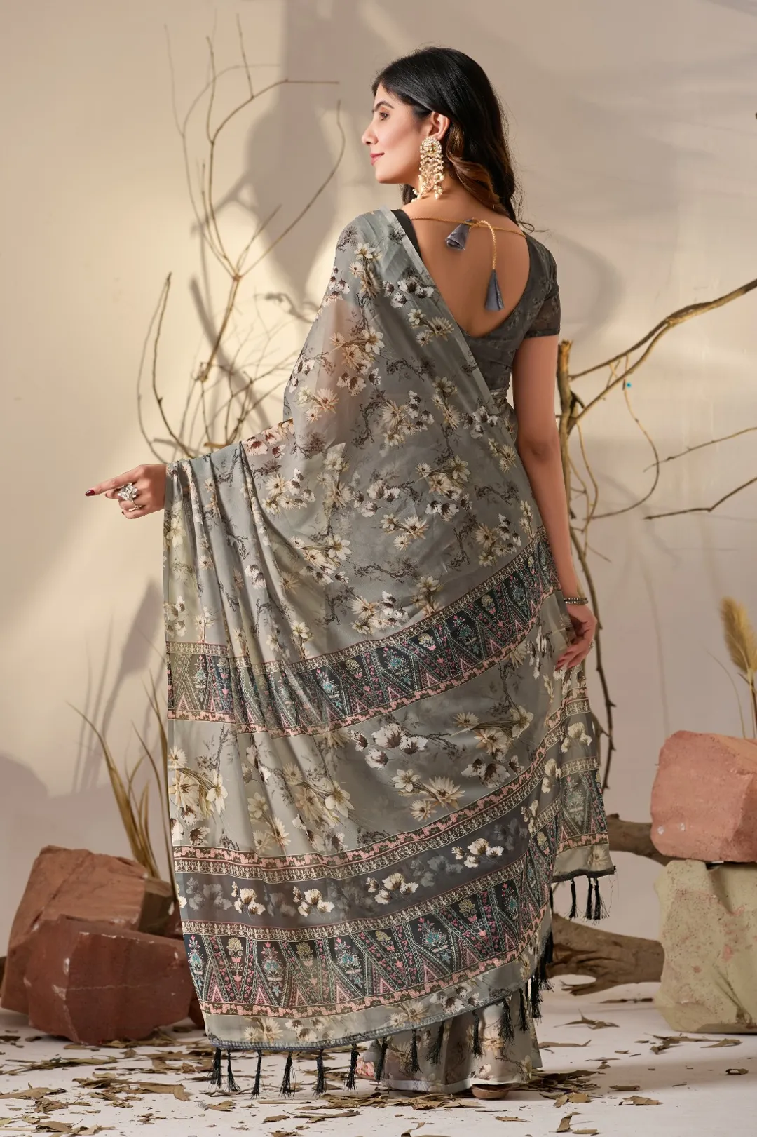 Elegant Grey Floral Party Wear Saree