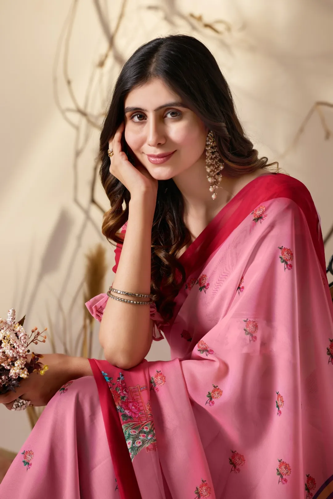 Rose Pink Georgette Designer Saree