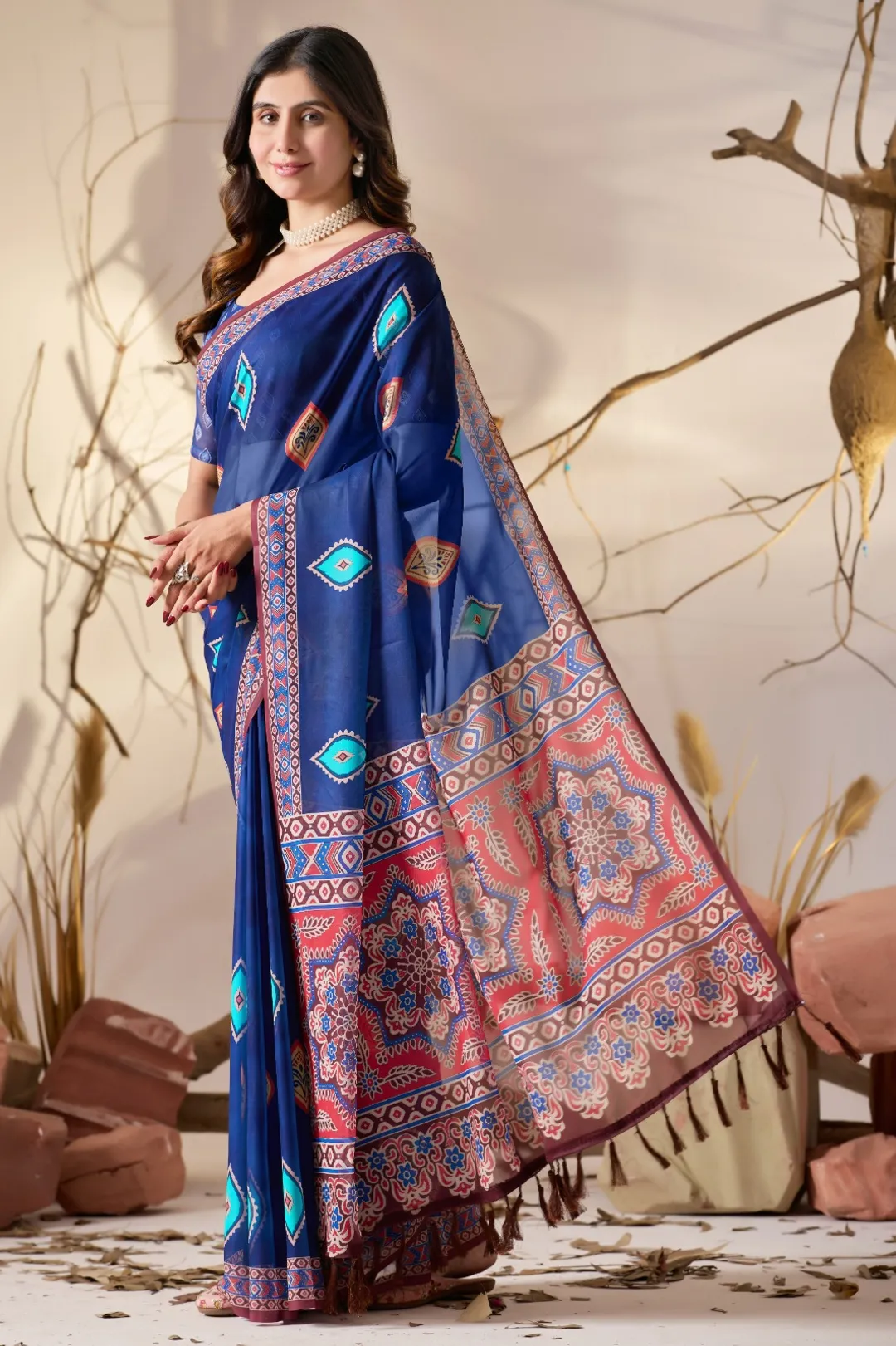 Royal Blue Georgette Printed Designer Saree Online