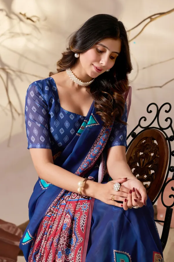 Royal Blue Georgette Printed Designer Saree Online