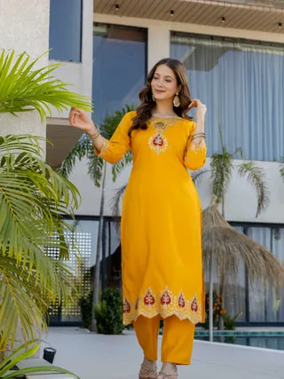 Mustard Chanderi Embroidered Kurta Pant Dupatta Set
