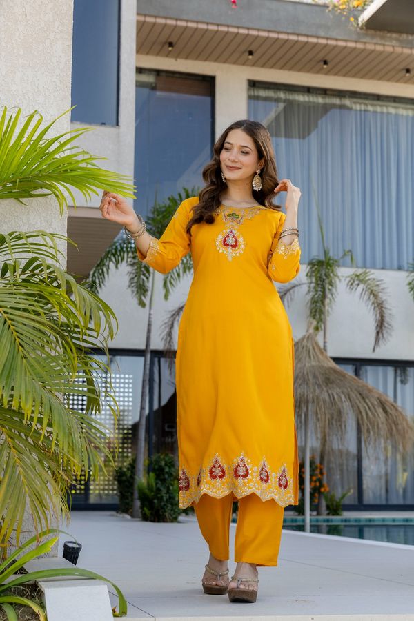 Mustard Chanderi Embroidered Kurta Pant Dupatta Set