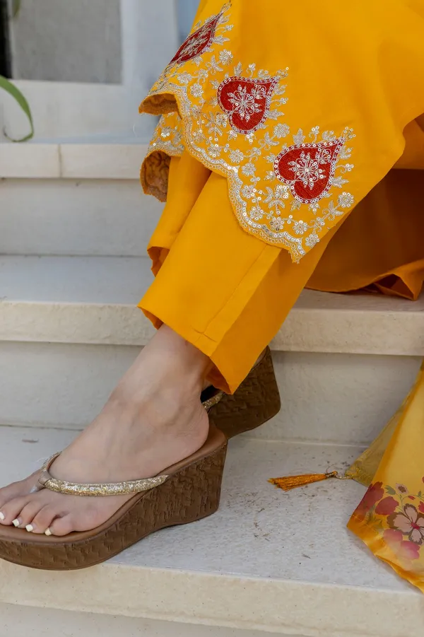 Mustard Chanderi Embroidered Kurta Pant Dupatta Set