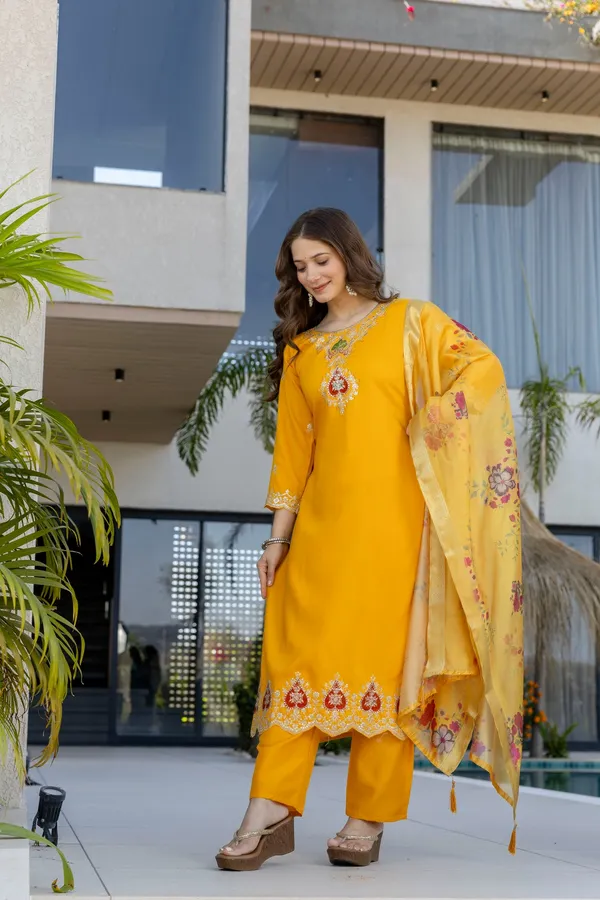 Mustard Chanderi Embroidered Kurta Pant Dupatta Set