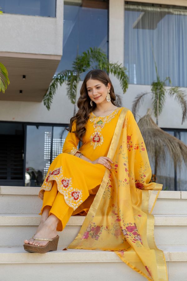 Mustard Chanderi Embroidered Kurta Pant Dupatta Set