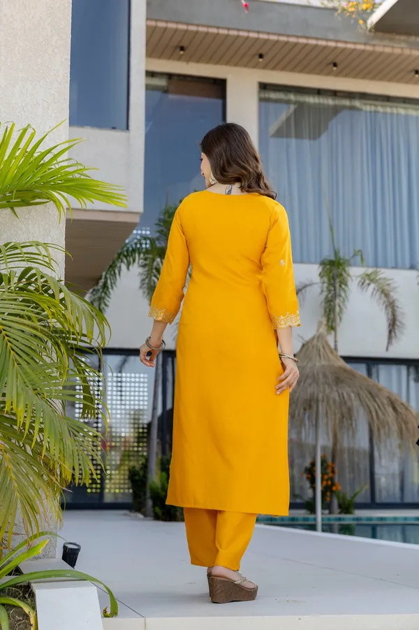 Mustard Chanderi Embroidered Kurta Pant Dupatta Set