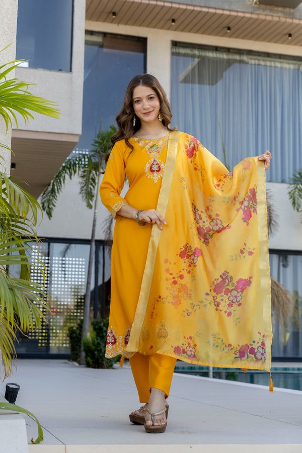 Mustard Chanderi Embroidered Kurta Pant Dupatta Set