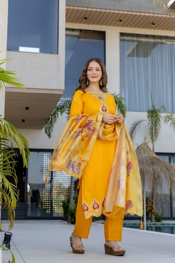 Mustard Chanderi Embroidered Kurta Pant Dupatta Set
