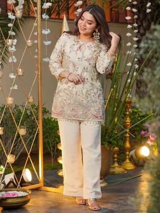 Cream Embroidered Silk Kurta Pant Set for Women