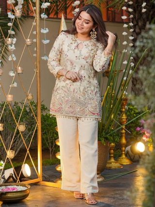 Cream Embroidered Silk Kurta Pant Set for Women