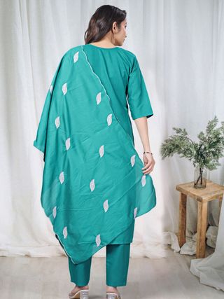 Teal Embroidered Cotton Kurta Pant Set Online
