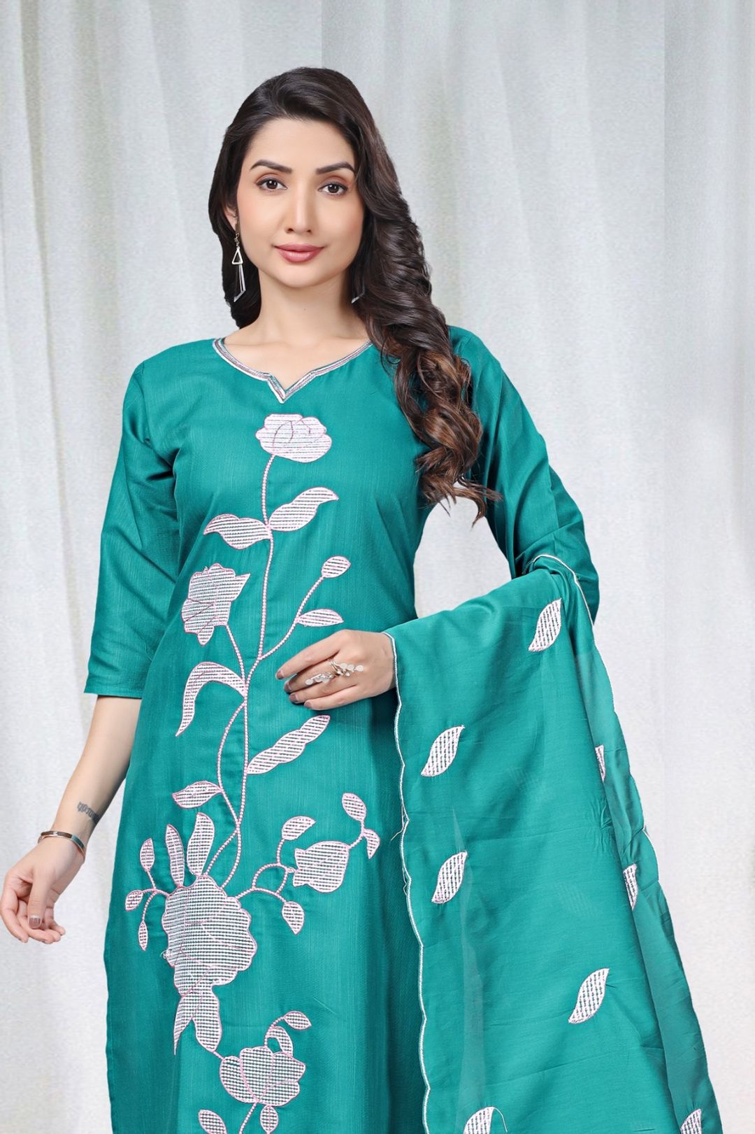 Teal Embroidered Cotton Kurta Pant Set Online