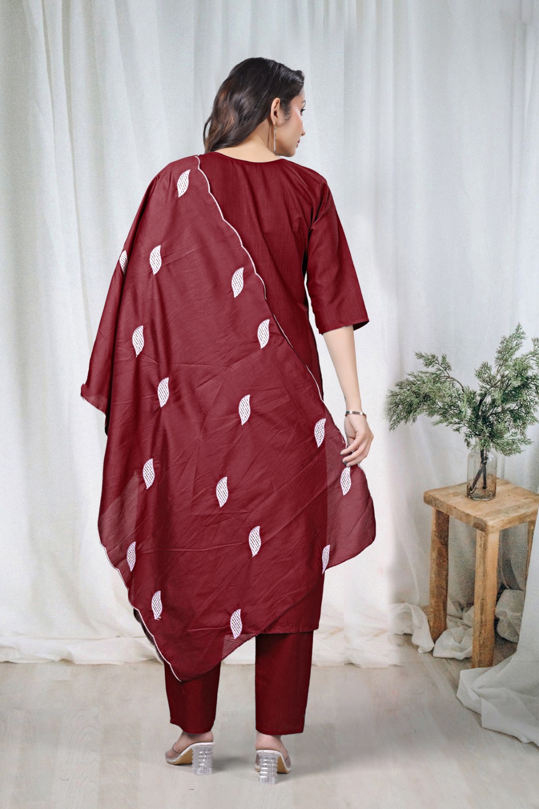 Embroidered red cotton salwar suit for festive