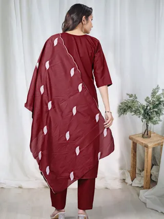 Maroon Embroidered Cotton Kurta Pant Set Online