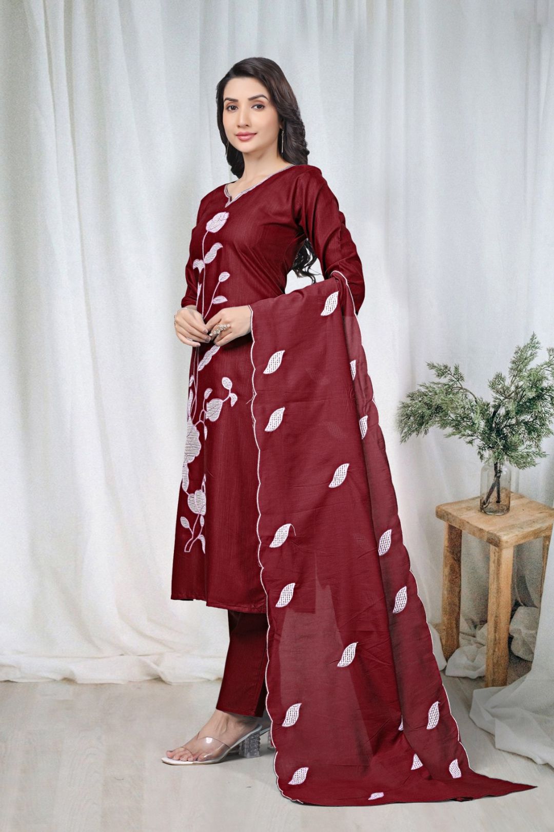 Maroon Embroidered Cotton Kurta Pant Set Online