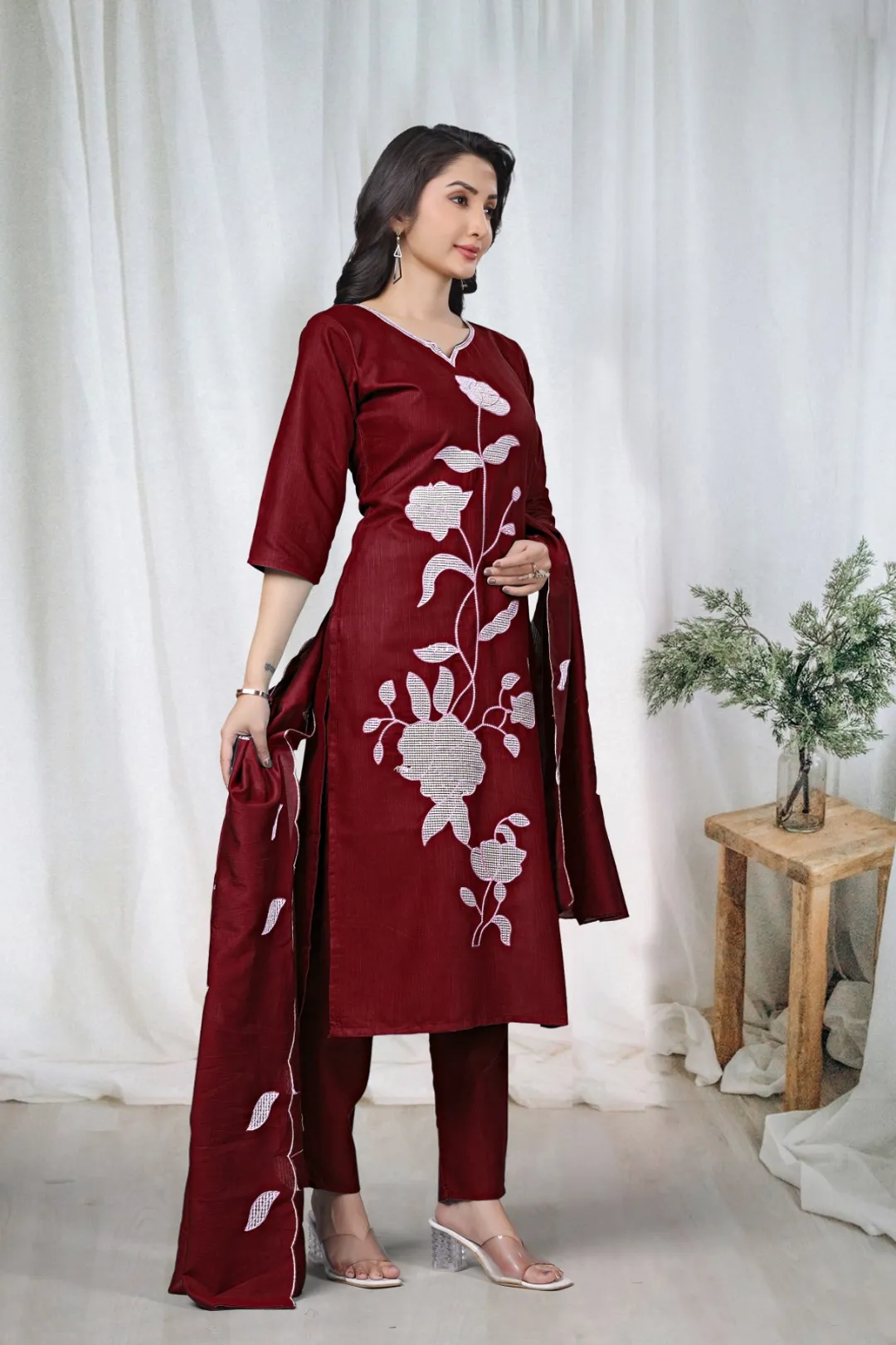 Maroon Embroidered Cotton Kurta Pant Set Online