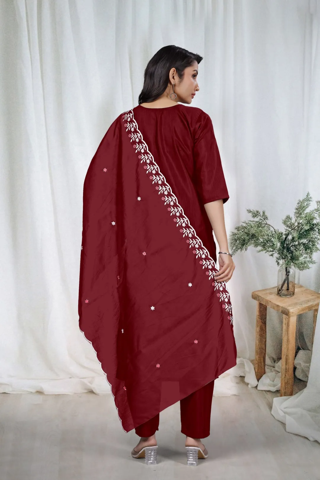Maroon Embroidered Kurta Pant Dupatta Set for Women