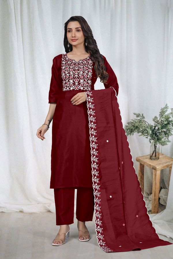 Maroon Embroidered Kurta Pant Dupatta Set for Women