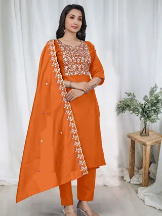 Orange Embroidered Kurta Pant Dupatta Set Women
