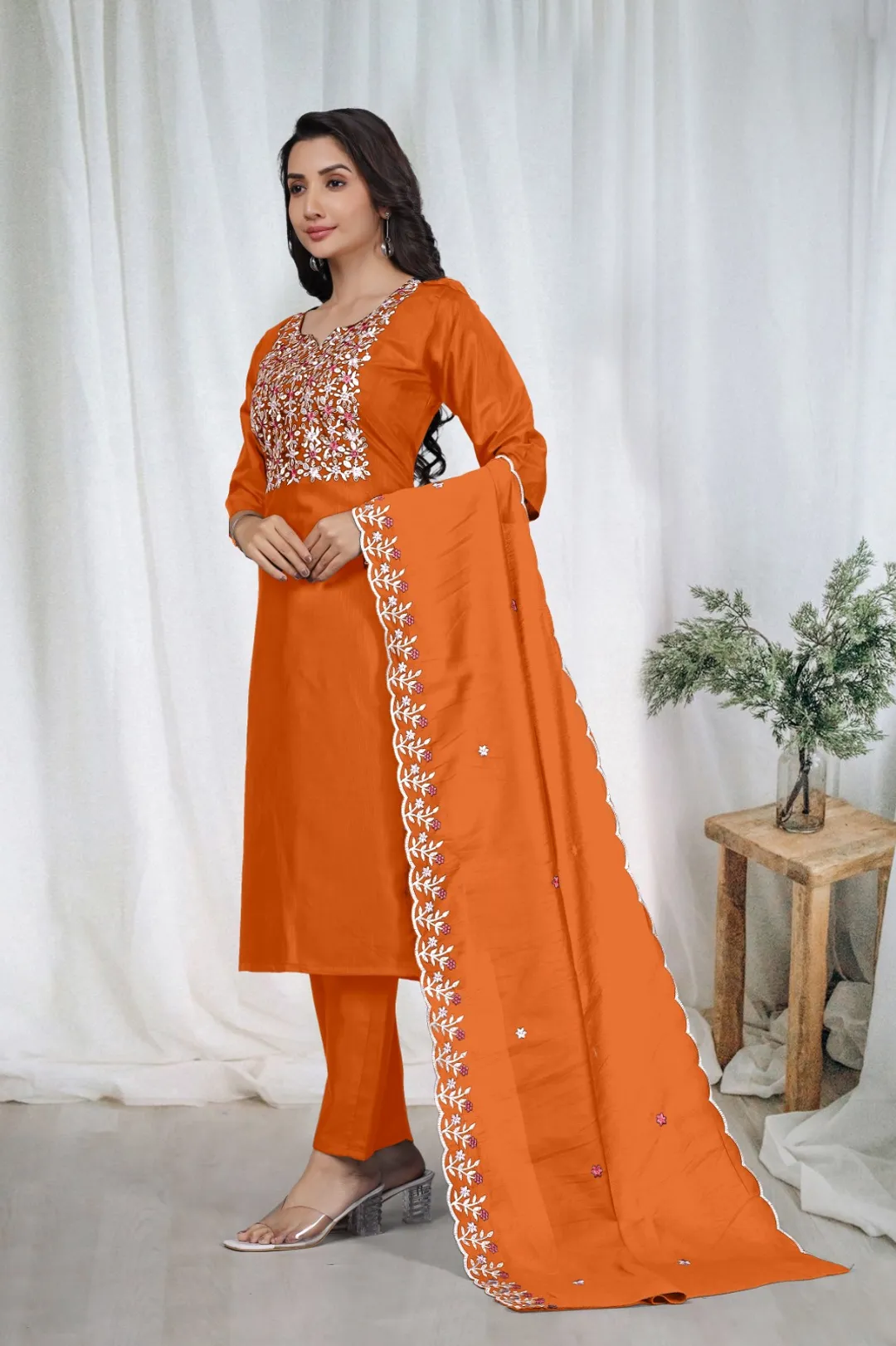 Orange Embroidered Kurta Pant Dupatta Set Women