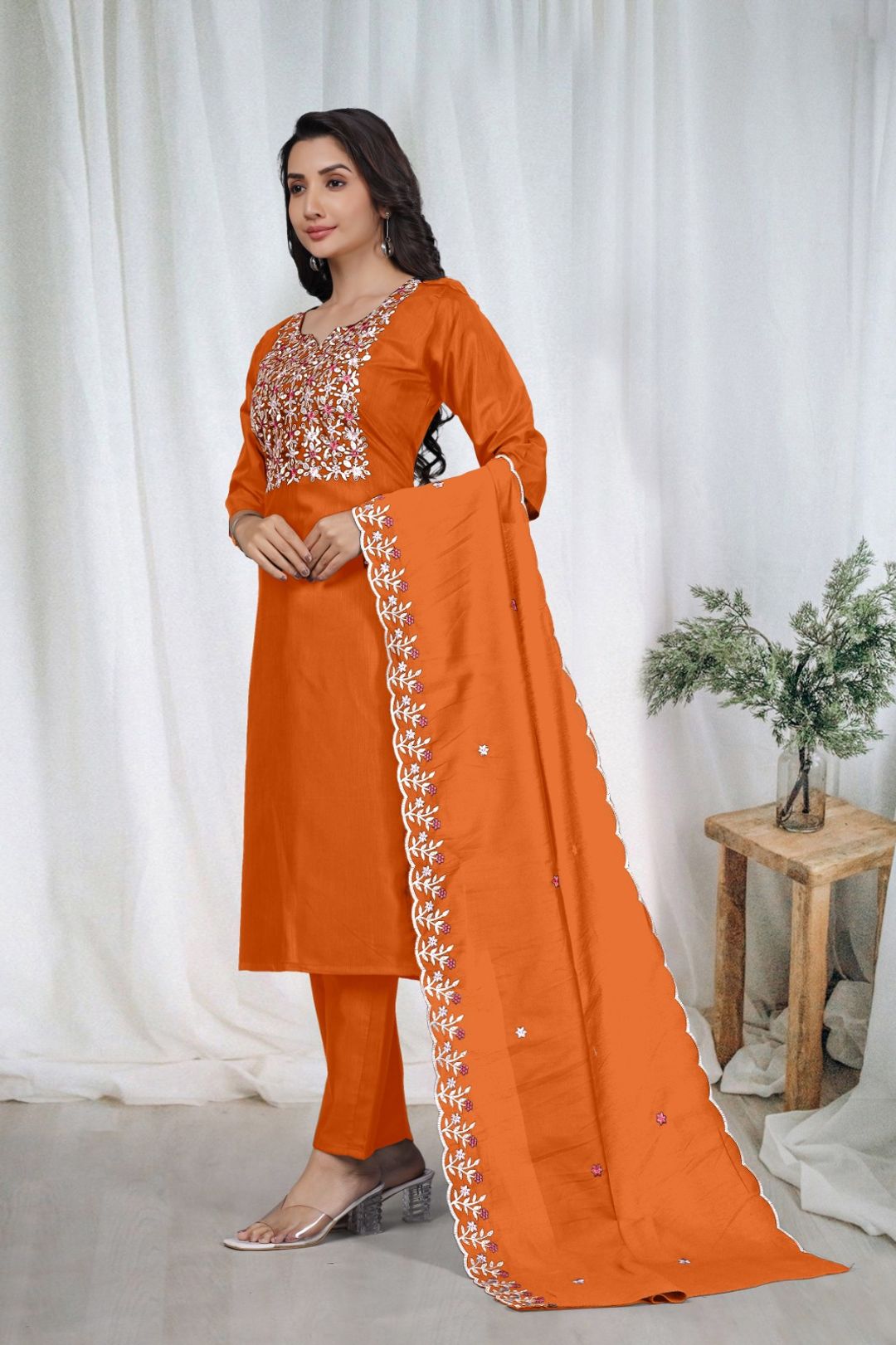 Orange Embroidered Kurta Pant Dupatta Set Women