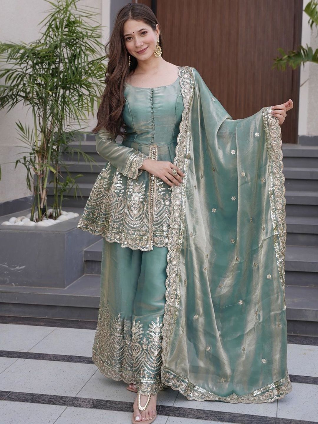 Sea Green Embroidered Silk Kurta Set with Dupatta
