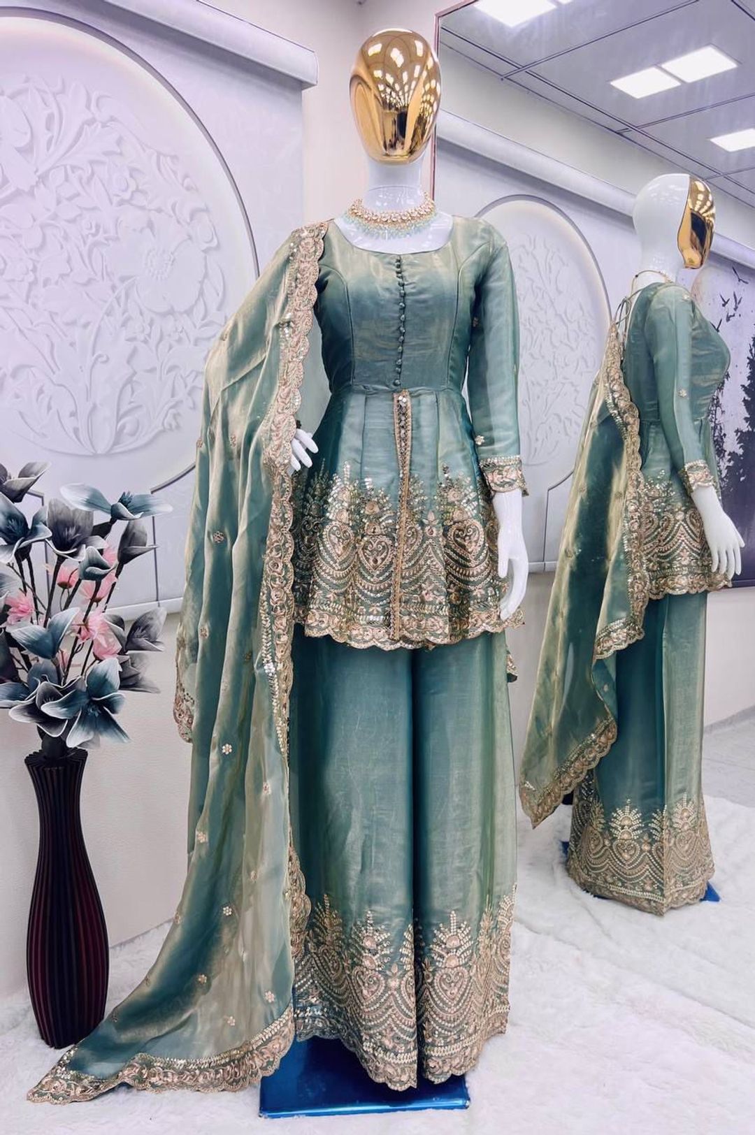 Sea Green Embroidered Silk Kurta Set with Dupatta