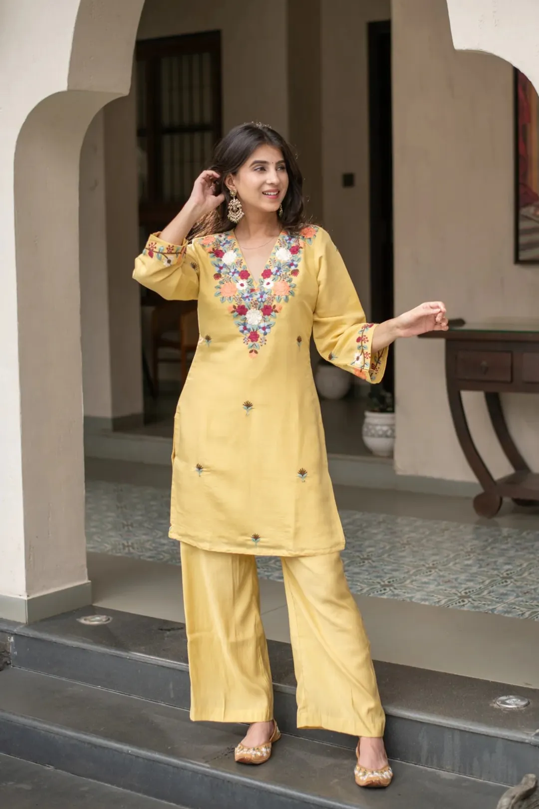 Yellow Floral Embroidered Kurti Pant Set Online