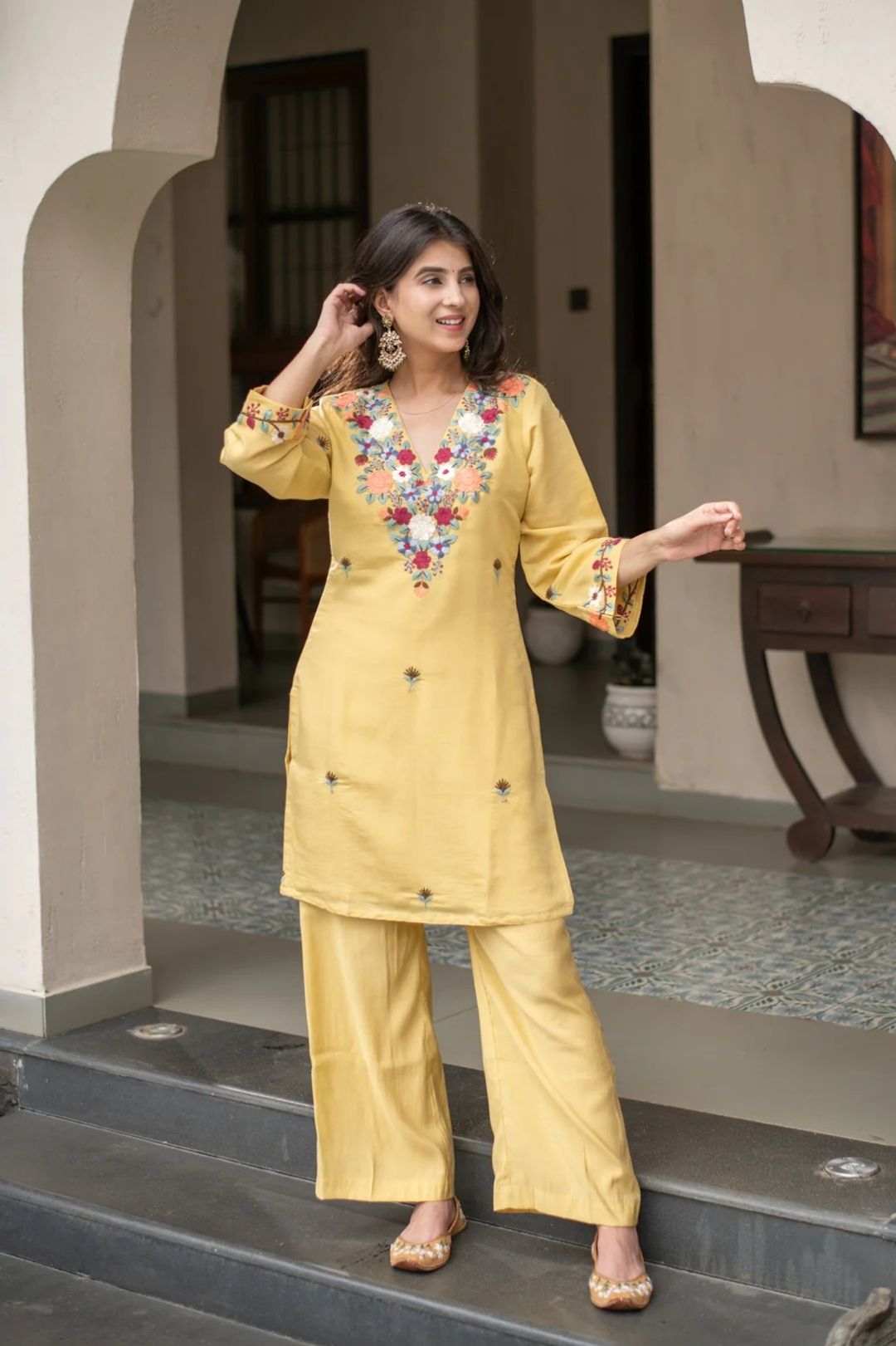 Yellow Floral Embroidered Kurti Pant Set Online