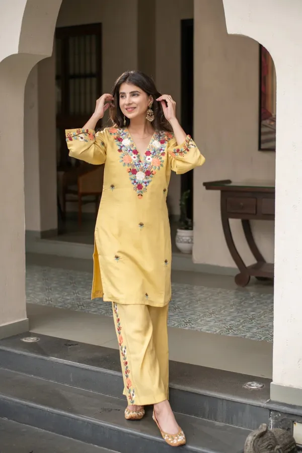 Yellow Floral Embroidered Kurti Pant Set Online