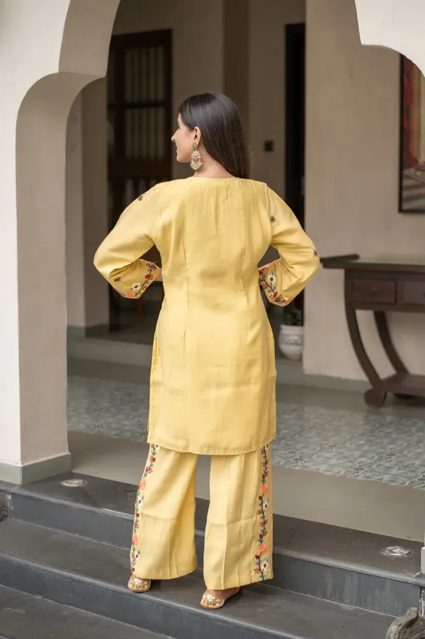 Yellow Floral Embroidered Kurti Pant Set Online