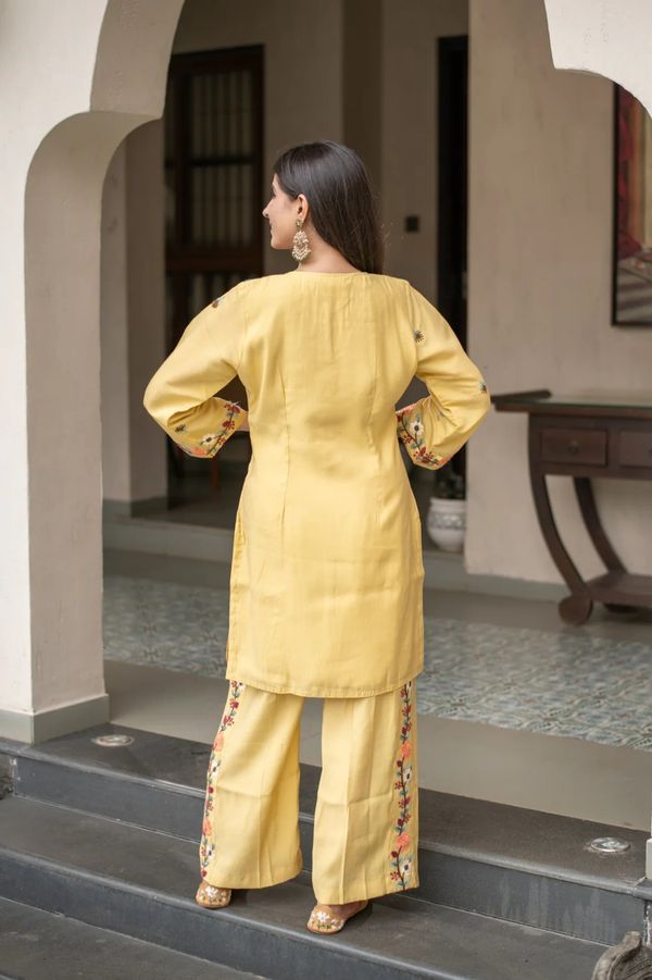 Yellow Floral Embroidered Kurti Pant Set Online