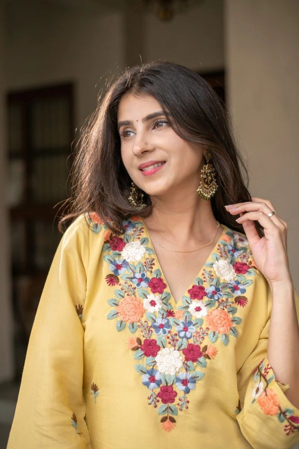 Yellow Floral Embroidered Kurti Pant Set Online