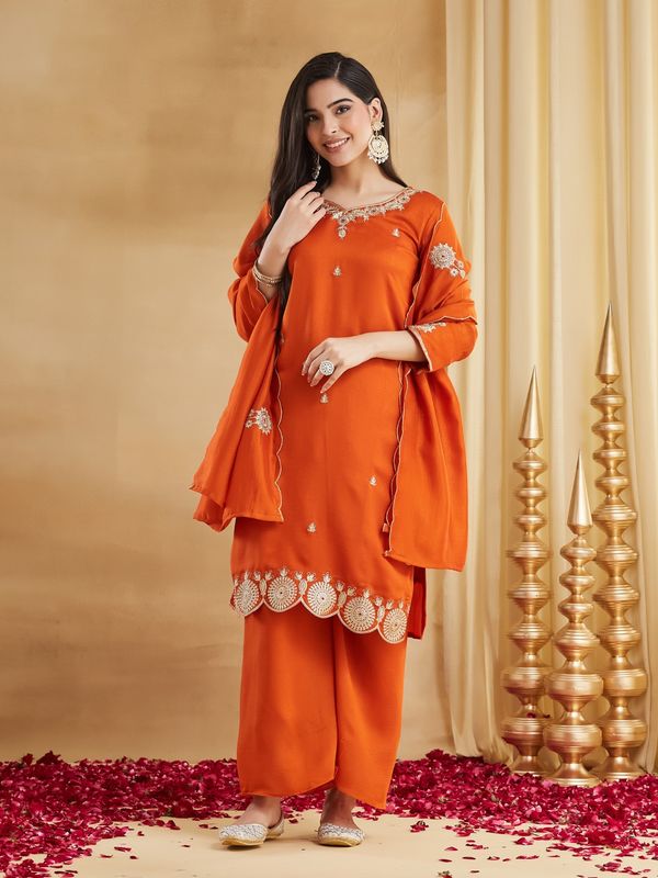 Orange Embroidered Silk Kurti Pant Dupatta Set