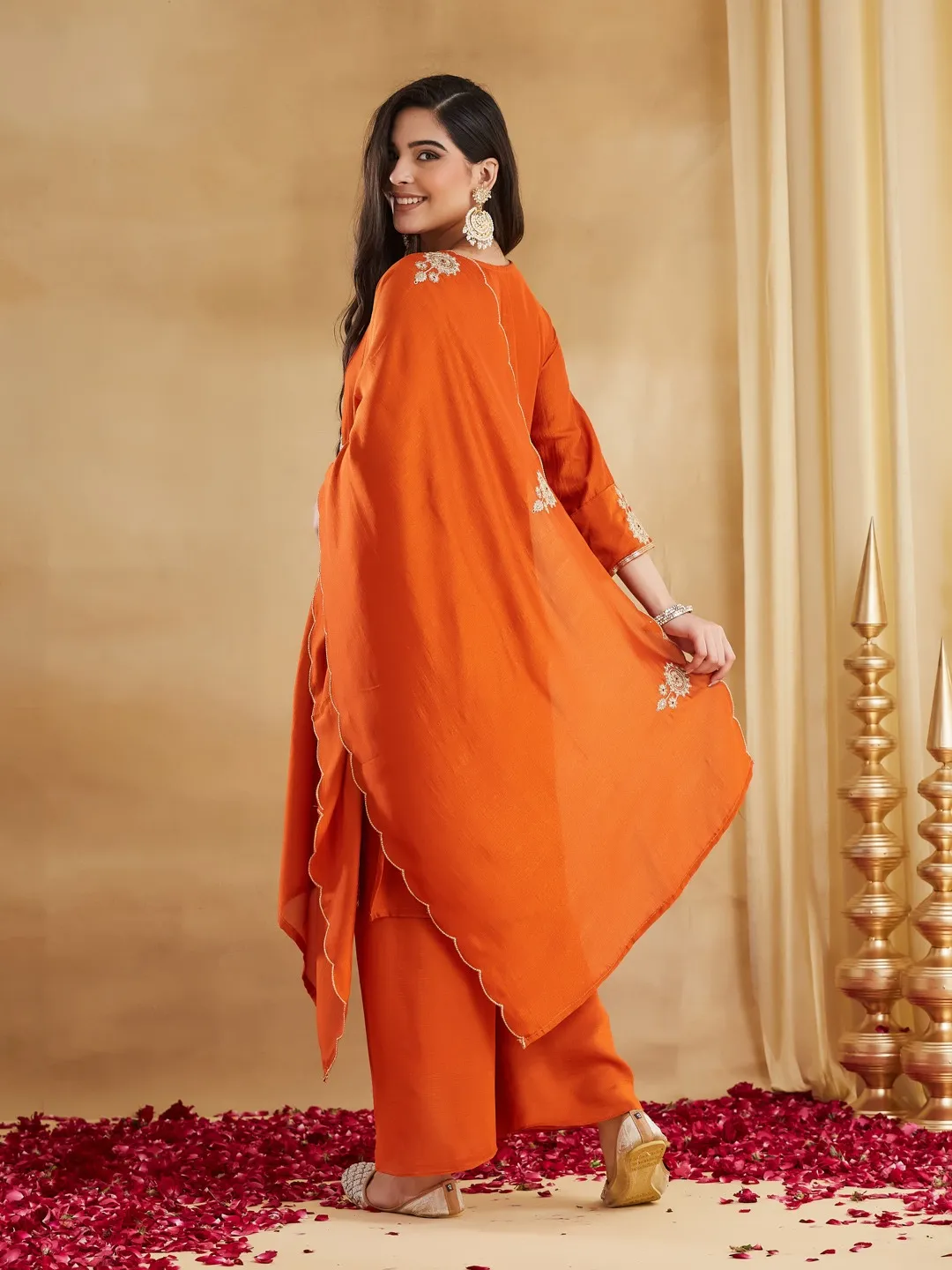 Orange Embroidered Silk Kurti Pant Dupatta Set