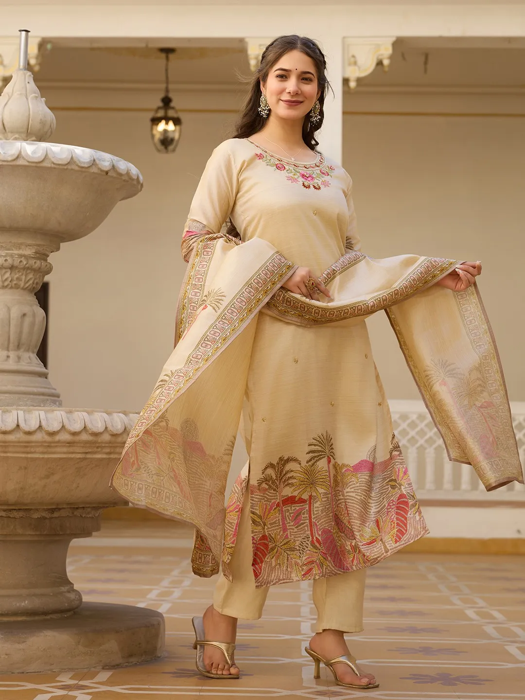 Beige Embroidered Silk Kurti Pant Dupatta Set Women