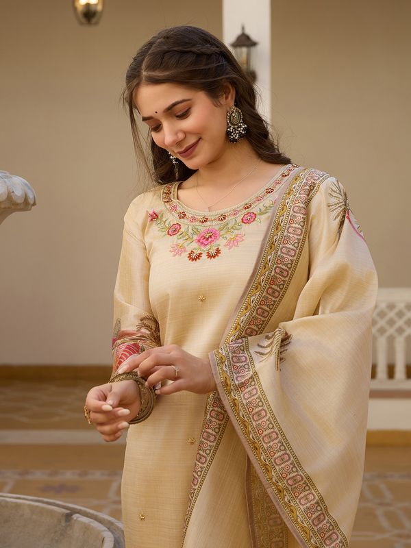 Beige Embroidered Silk Kurti Pant Dupatta Set Women