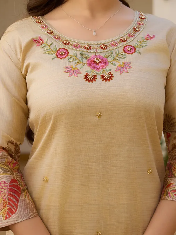 Beige Embroidered Silk Kurti Pant Dupatta Set Women