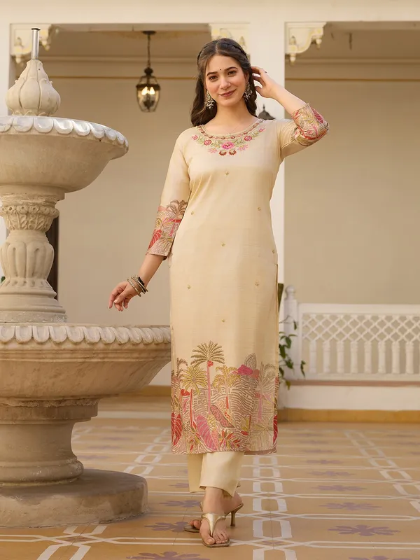 Beige Embroidered Silk Kurti Pant Dupatta Set Women